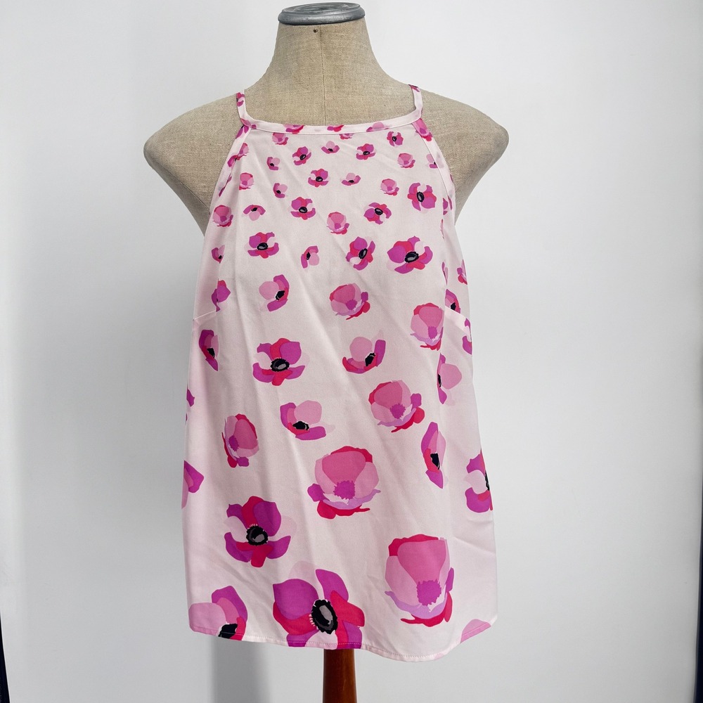 Cabi Halter Top Womens Medium Pink Floral Poppy Back Button Sleeveless Blouse